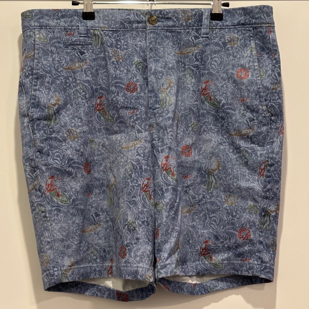 Johnnie-O Mens Blue Hawaiian Surfer Print Flat Front Shorts Size 36